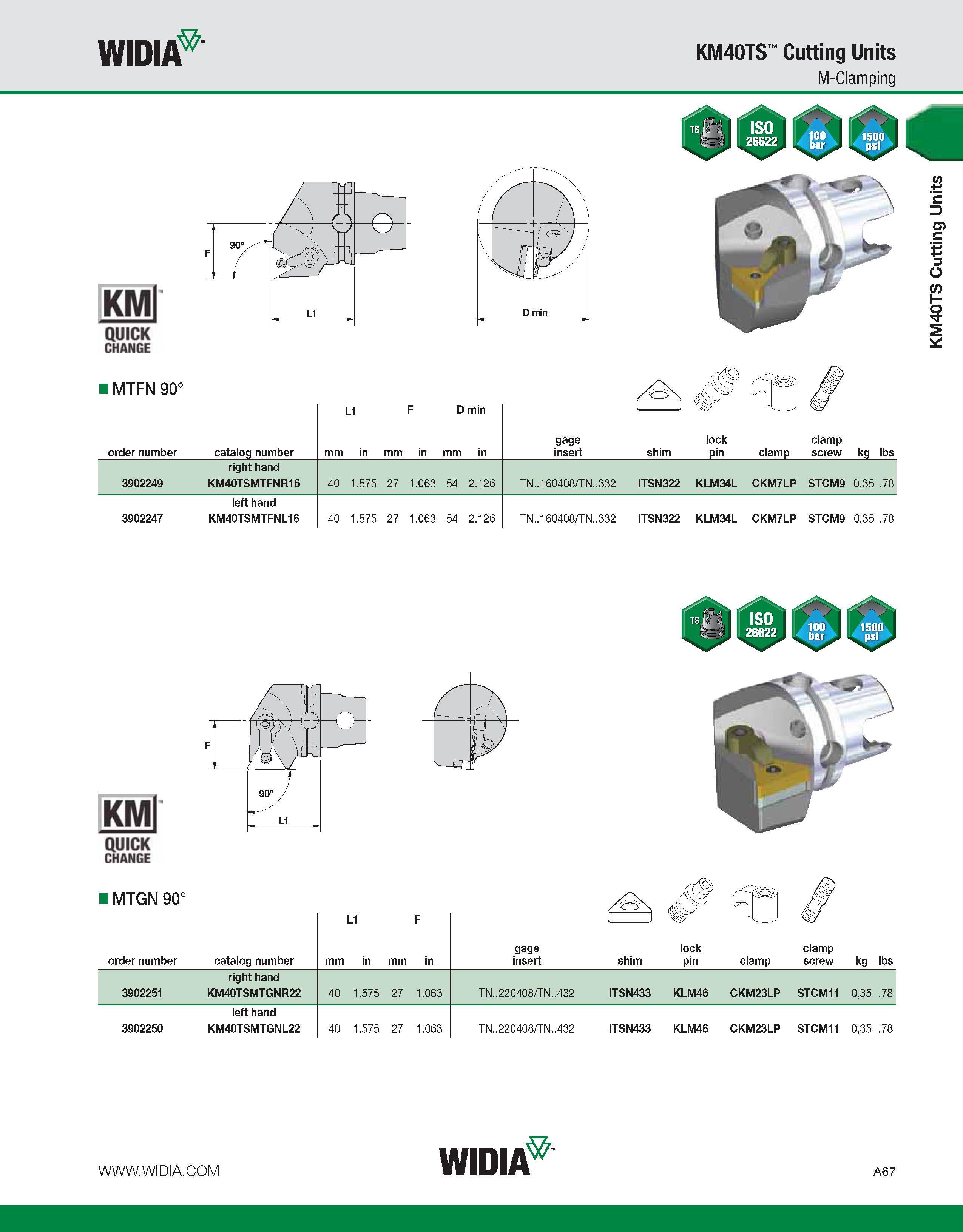 77 WIDIA KM40TS Cutting Units M-Clamping KMl QUICK CHANGE I MTFN 90° order number catalog number L1 F D min mm in mm in mm in gage insert shim lock Каталог WIDIA 2011 Инструментальная оснастка для металлорежущих станков Вспомогательный инструмент для оборудования Адаптеры Насадки Оправки Патроны Стр. A67 ENG