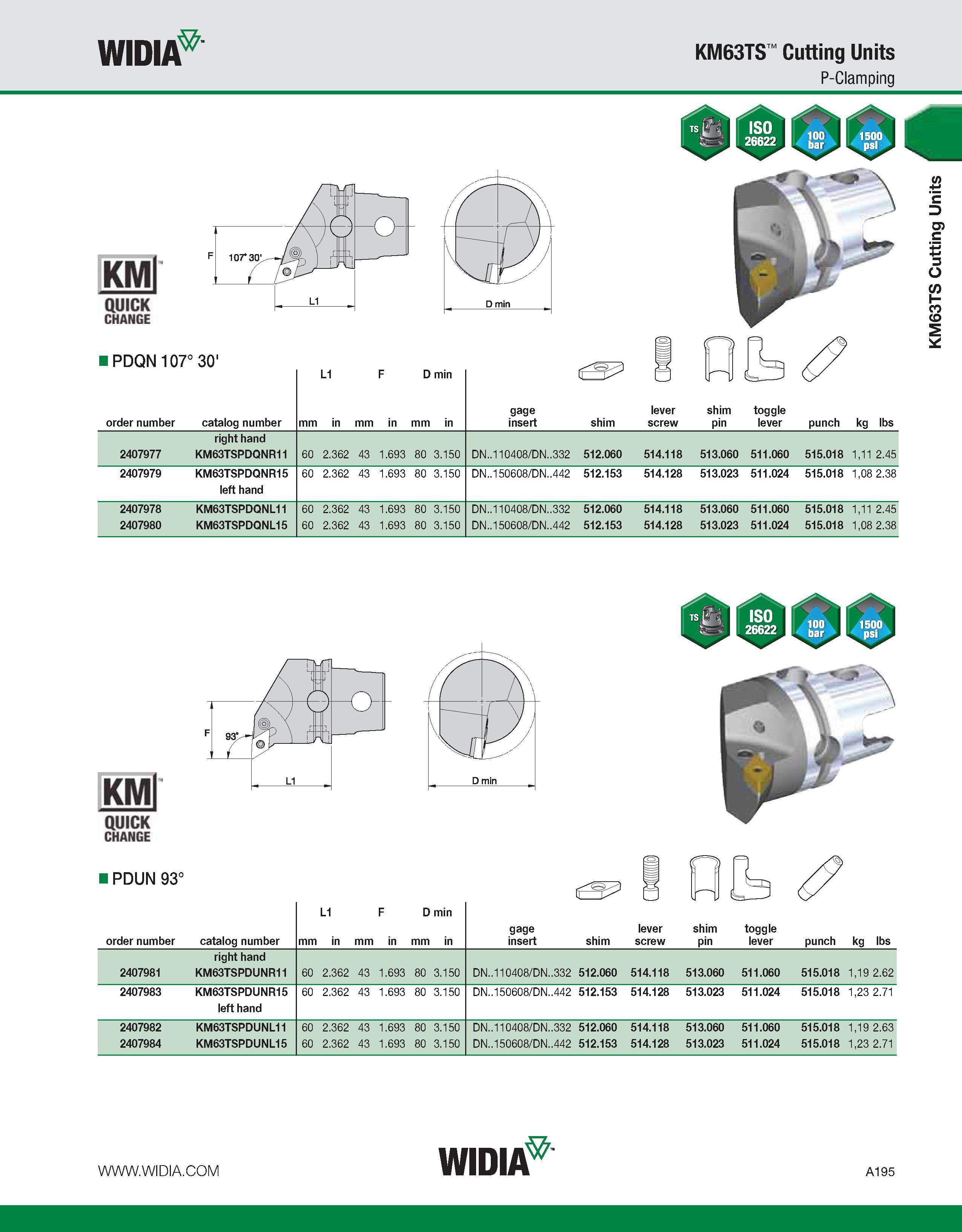 205 WIDIA KM63TS Cutting Units P-Clamping KMl QUICK CHANGE ° o N a D P o 3 L1 F D min 5 3 gage lever shim toggle order number catalog number mm in mm Каталог WIDIA 2011 Инструментальная оснастка для металлорежущих станков Вспомогательный инструмент для оборудования Адаптеры Насадки Оправки Патроны Стр. A195 ENG