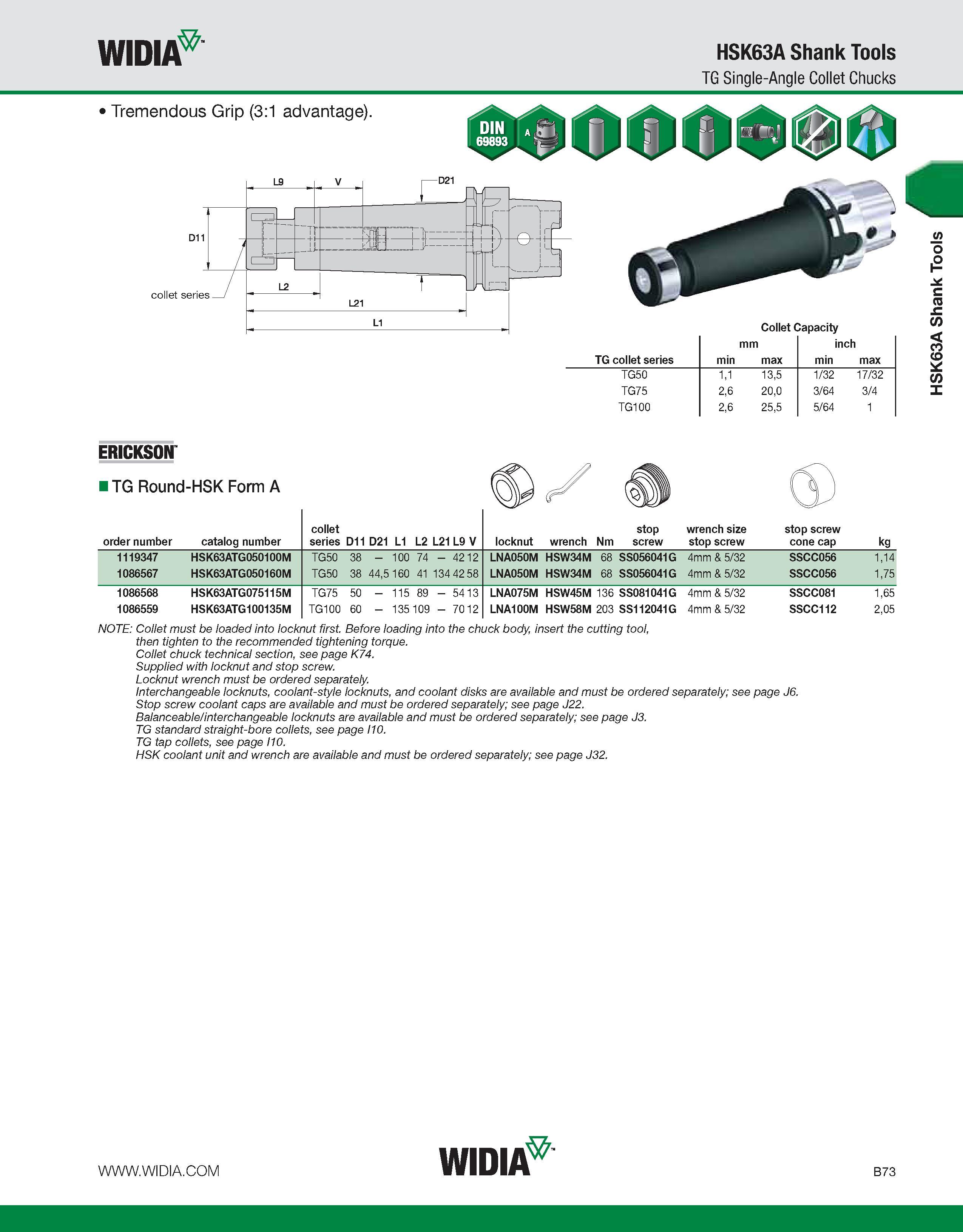 429 WIDIA HSK63A Shank Tools TG Single-Angle Collet Chucks ERICKSON TG Round-HSK Form A order number catalog number collet series D11 D21 L1 L2 L21 L Каталог WIDIA 2011 Инструментальная оснастка для металлорежущих станков Вспомогательный инструмент для оборудования Адаптеры Насадки Оправки Патроны Стр. B73 ENG