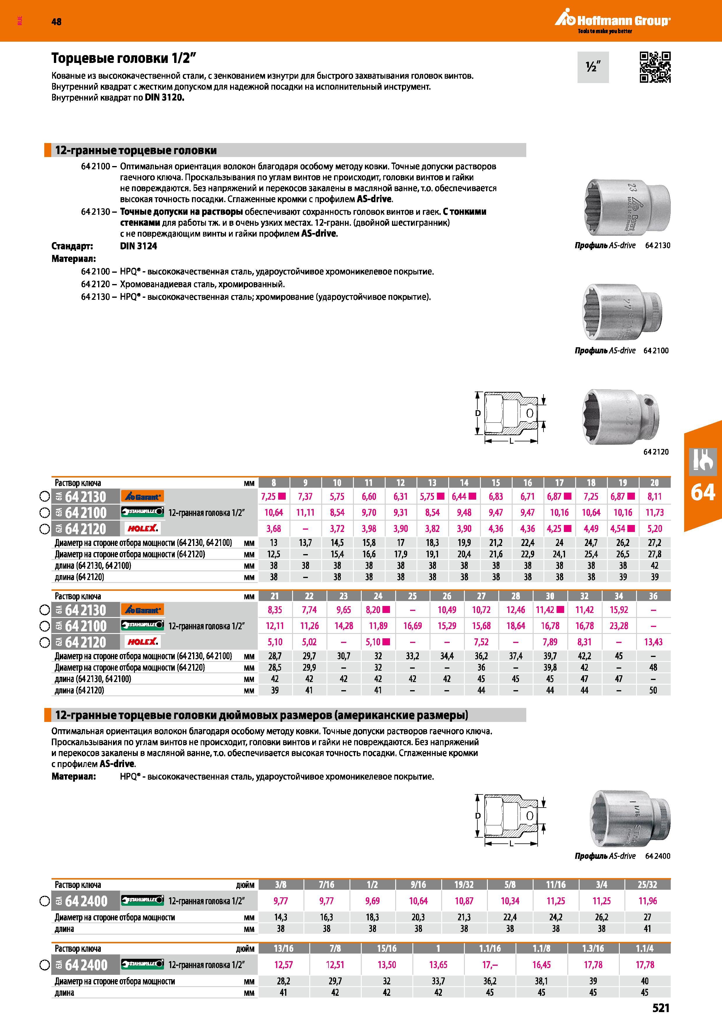 521 Торцевые головки 1/2 Кованые из высококачественной стали, с зенкованием изнутри для быстрого захватывания головок винтов Внутренний квадр Каталог HOFFMANN GROUP 2017 Ручной слесарно-монтажный и контрольно-измерительный инструмент для производственных предприятиий и служб сервиса Инвентарь Стр. 521