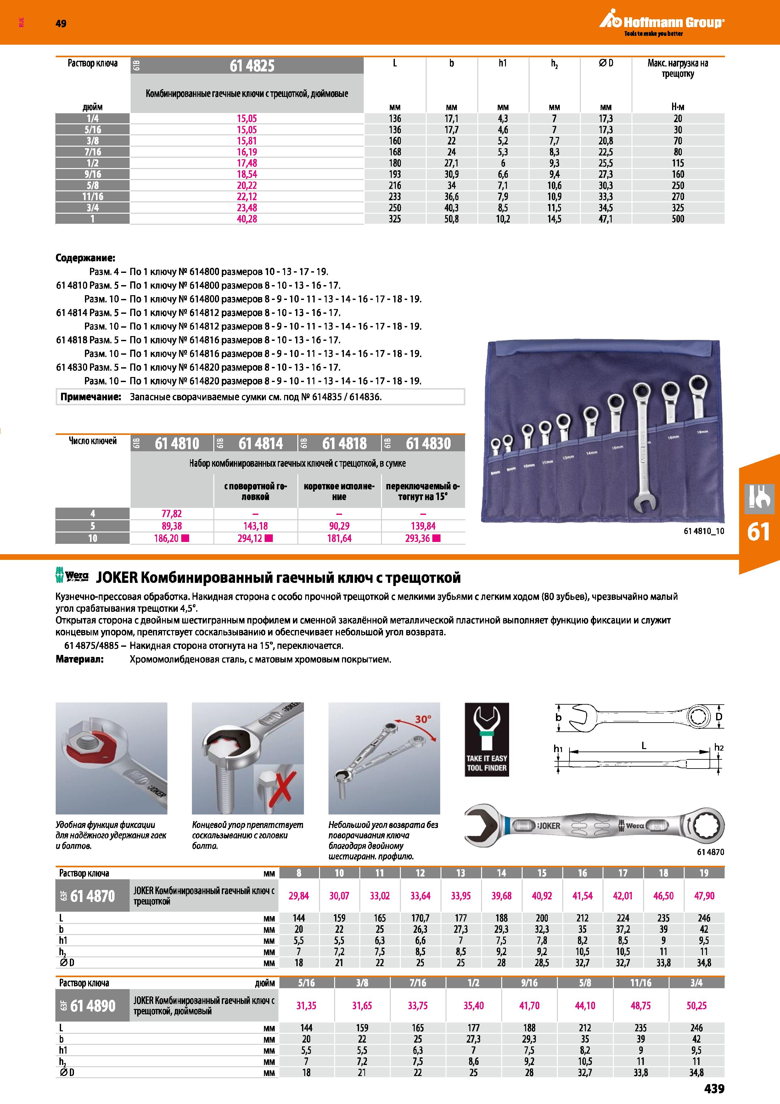 439 Раствор ключа 614825 L b hi lb 0D Макс нагрузка на трещотку дюйм Комбинированные гаечные ключи с трещоткой, дюймовые мм Н'М 1 4 15,05 136 17 Каталог HOFFMANN GROUP 2018 Инструмент ручной Слесарный и механизированный Измерительные приборы и инструменты Производственный инвентарь Стр. 439