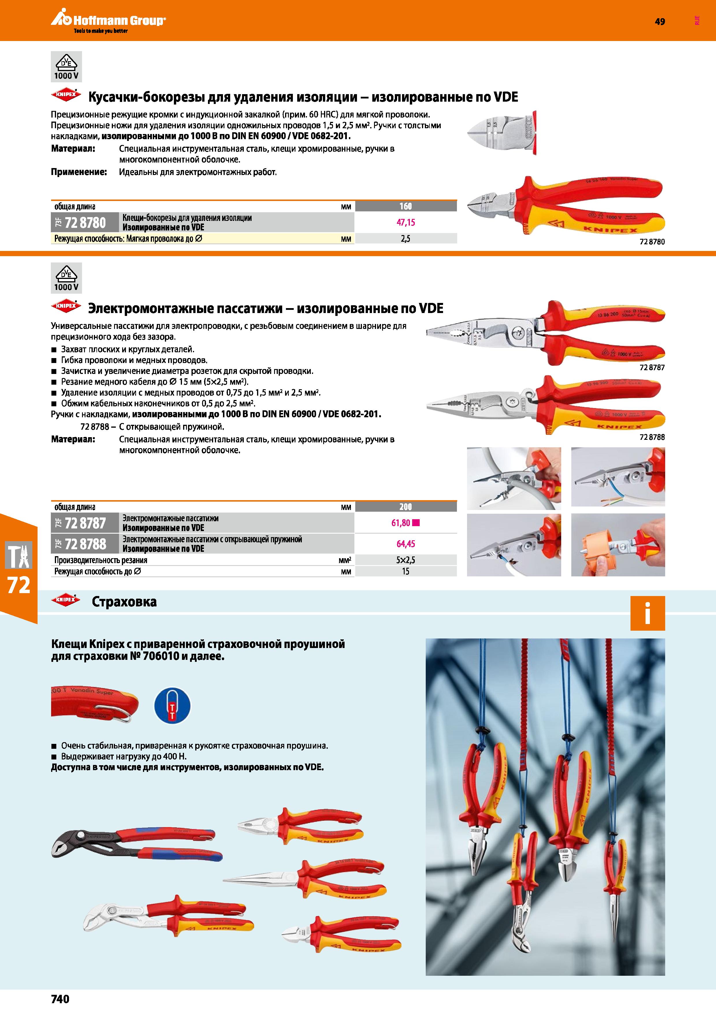 740 728780 Кусачки-бокорезы для удаления изоляции - изолированные по VDE Прецизионные режущие кромки с индукционной закалкой (прим 60 HRC) для м Каталог HOFFMANN GROUP 2018 Инструмент ручной Слесарный и механизированный Измерительные приборы и инструменты Производственный инвентарь Стр. 740
