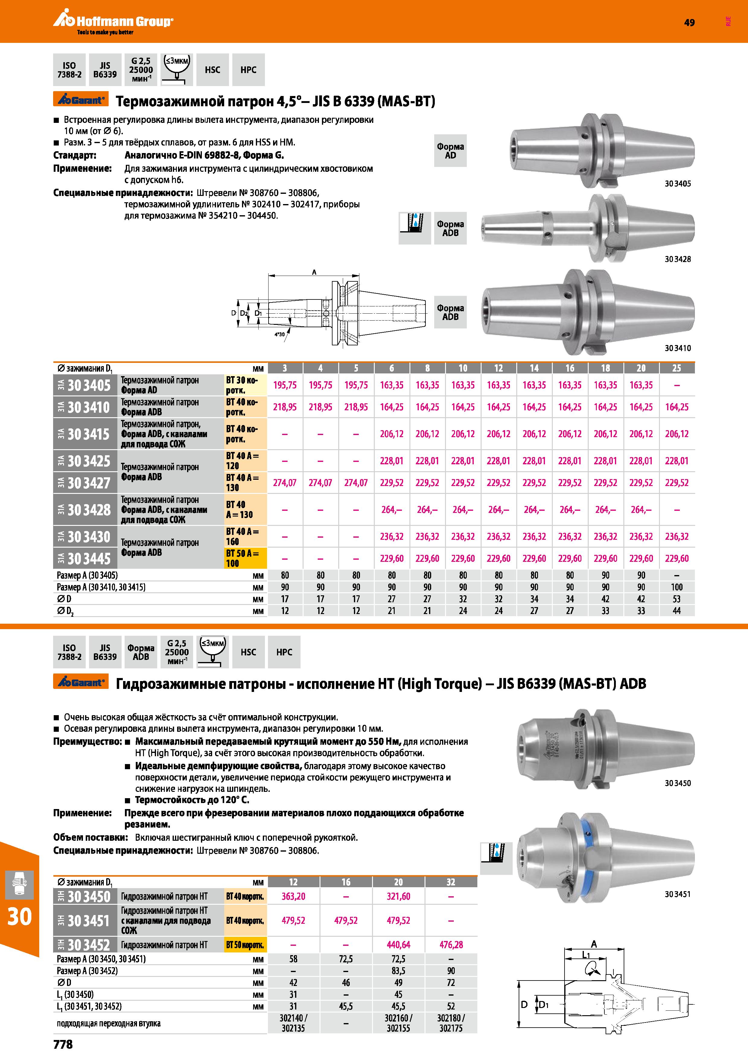 778 Hoffmann Group 49 ISO 7388-2 JIS B6339 G 2,5 25000 мин'1 HSC HPC Garant Термозажимной патрон 4,5°- JIS В 6339 (MAS-BT) Встроенная рег Каталог HOFFMANN GROUP 2018 Профессиональный режущий и вспомогательный инструмент для промышленного оборудования Сверла Фрезы Метчики Державки Стр. 778