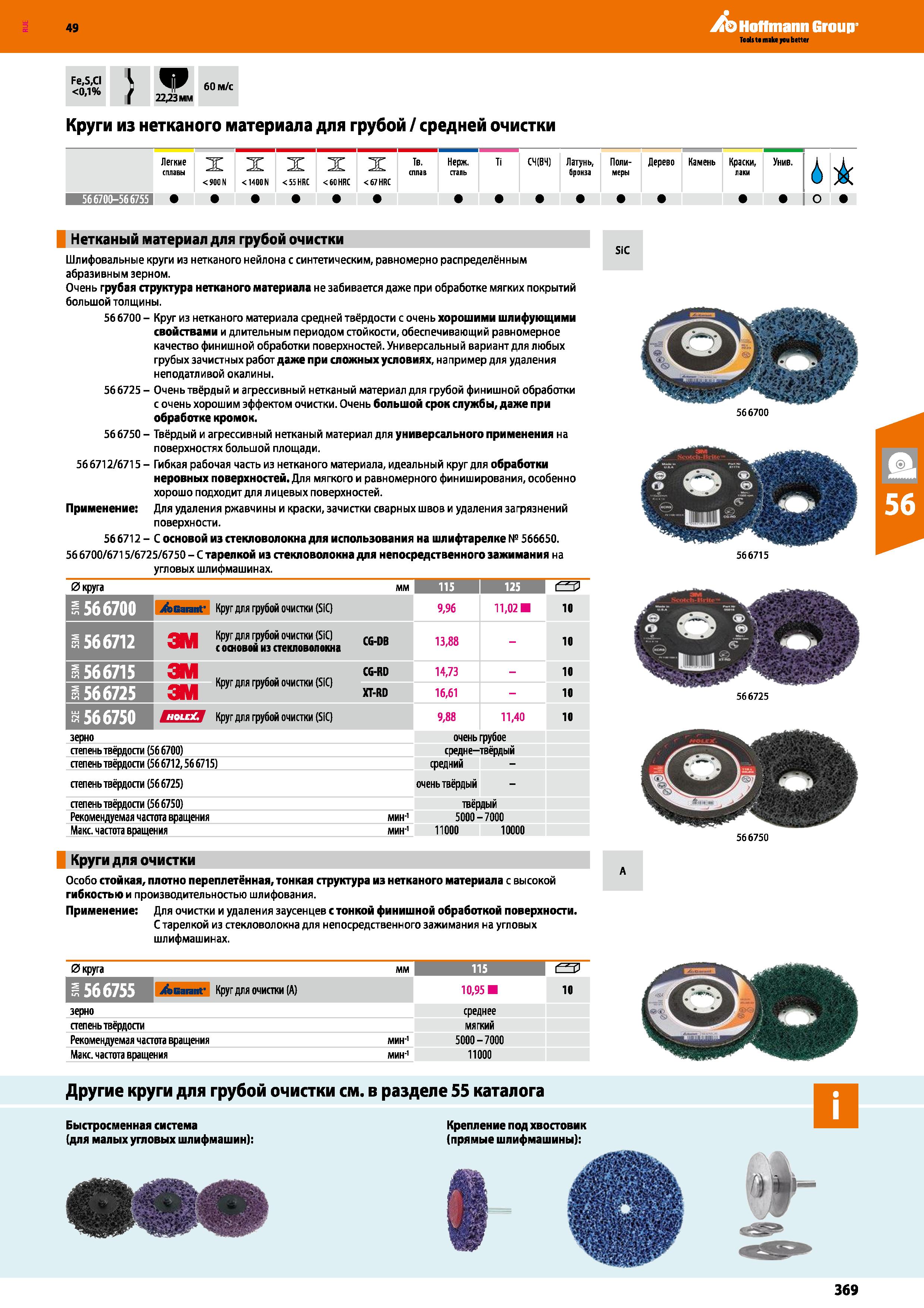 369 49 Fe,S,CI <0,1% 60 м с A Hoffmann Group Круги из нетканого материала для грубой средней очистки Легкие сплавы < 900 N X < 1400 N X <55 HRC Каталог HOFFMANN GROUP 2018 Инструмент ручной Слесарный и механизированный Измерительные приборы и инструменты Производственный инвентарь Стр. 369