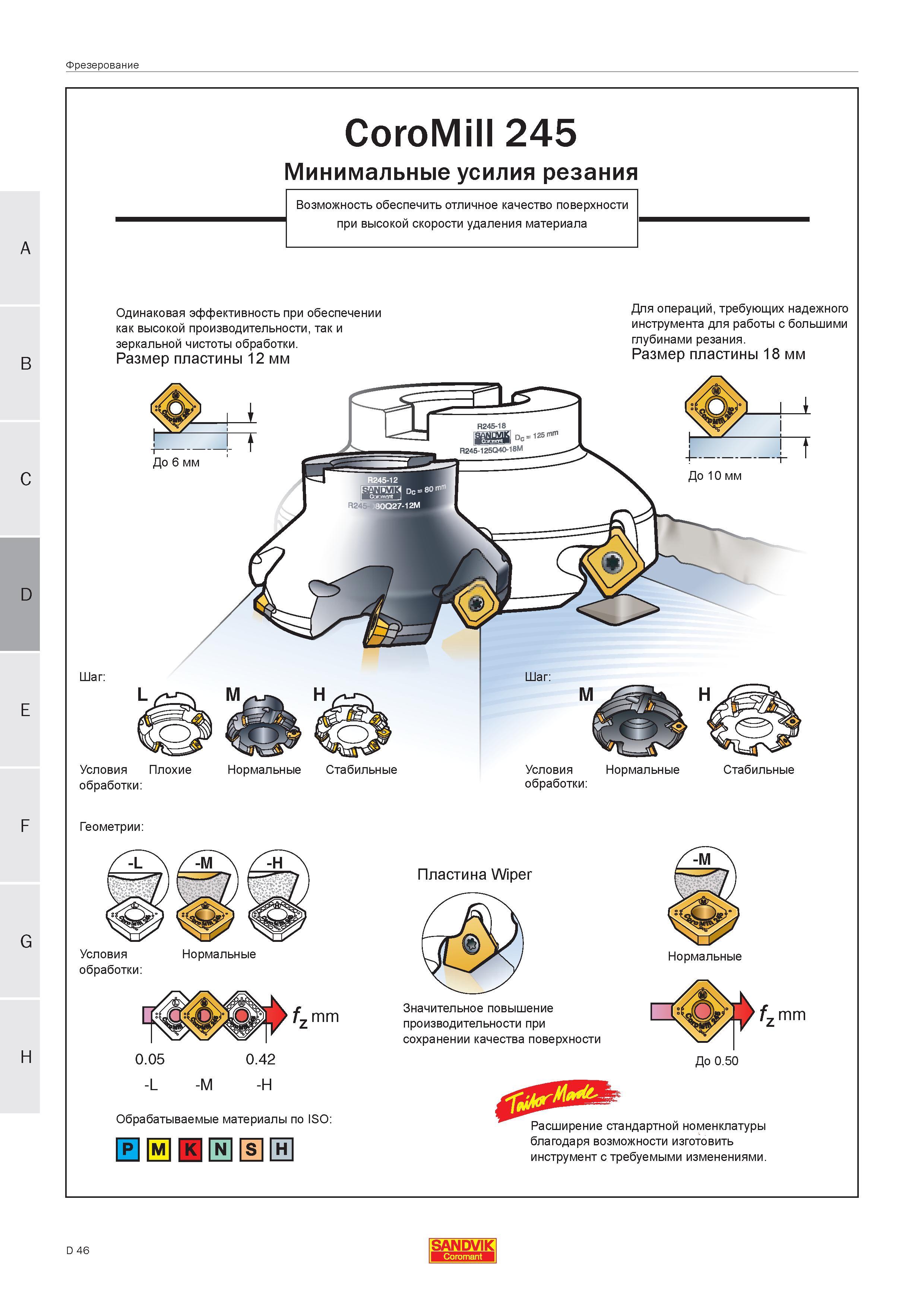 208 Торцевые фрезы Sandvik Coromant CoroMill 245 со сменными режущими многогранными пластинами Главный угол в плане 45 градусов Минимальные усилия ре Руководство SANDVIK COROMANT 2005 по современной обработке металлов резанием на металлорежущих станках и центрах с ЧПУ Стр. D46