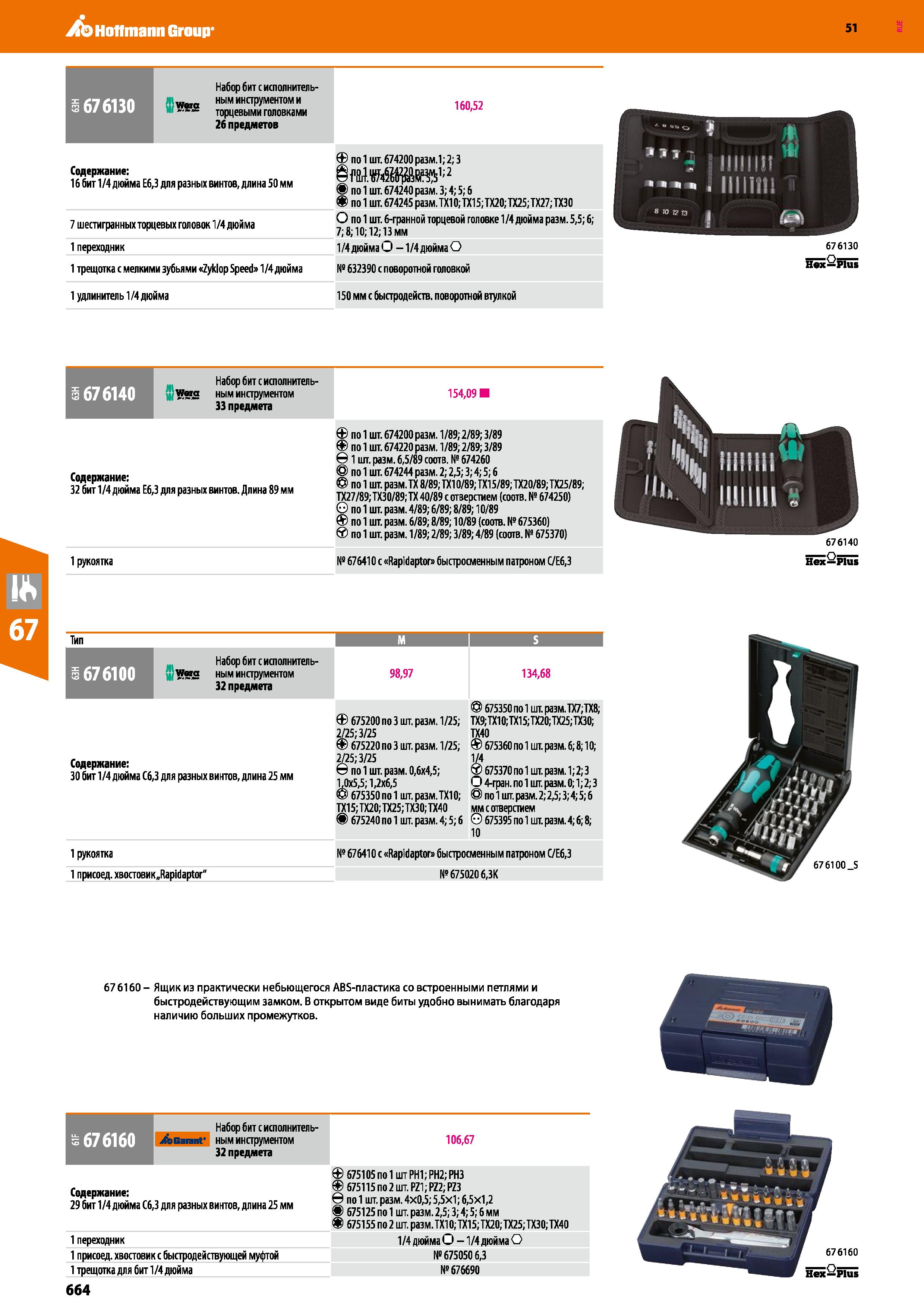 664 Hoffmann Group 51 676130 Набор бит с исполнитель-Ж Wera ным инструментом и торцевыми головками 26 предметов 160,52 о у 1 Содержание: 16 бит 1/4 д Каталог HOFFMANN GROUP 2020 Измерительный и ручной инструмент Инвентарь Абразивы Шлифовальные и отрезные круги Электроинструмент Пневмоинструмент Штангенциркули Стр. 664