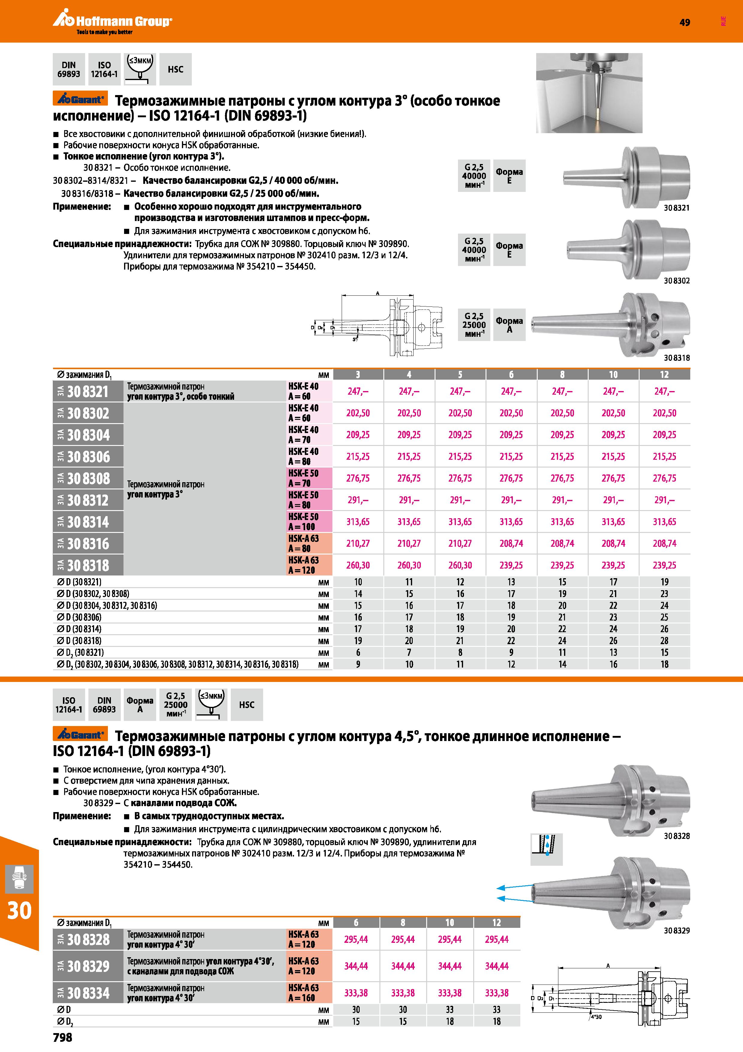 798 Hoffmann Group 49 Garant Термозажимные патроны с углом контура 3° (особо тонкое исполнение) - IS012164-1 (DIN 69893-1) Все хвостовики Каталог HOFFMANN GROUP 2018 Профессиональный режущий и вспомогательный инструмент для промышленного оборудования Сверла Фрезы Метчики Державки Стр. 798