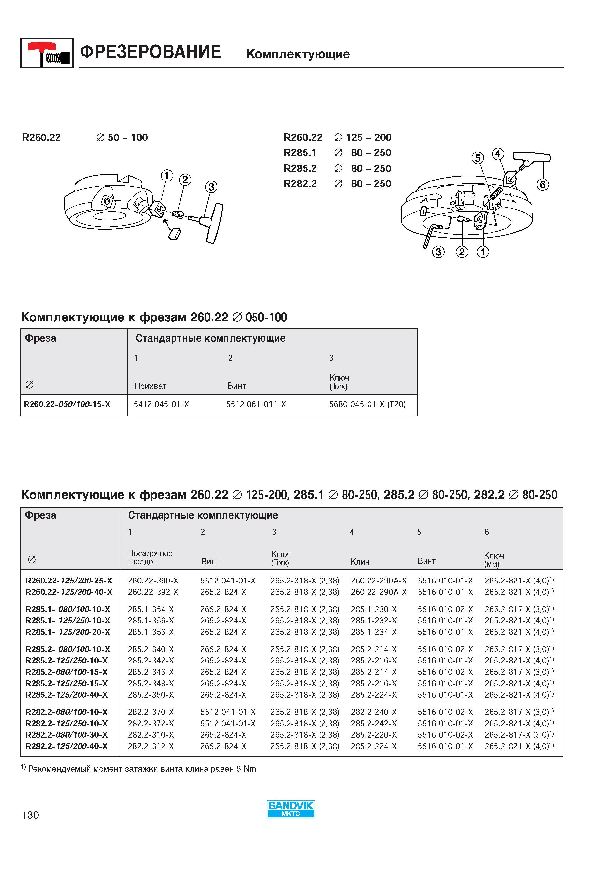 132 <M ФРЕЗЕРОВАНИЕ Комплектующие R260 22 50 - 100 R260 22 0 125 - 200 R285 1 0 80 - 250 R285 2 0 80 - 250 R282 2 0 80 - 250 Комплектующие к фре Каталог SANDVIK COROMANT 2000 Режущий твердосплавный инструмент и пластины Сандвик МКТС для металлообработки на станках Токарная обработка Фрезерование Сверление Сплавы Стр. 130