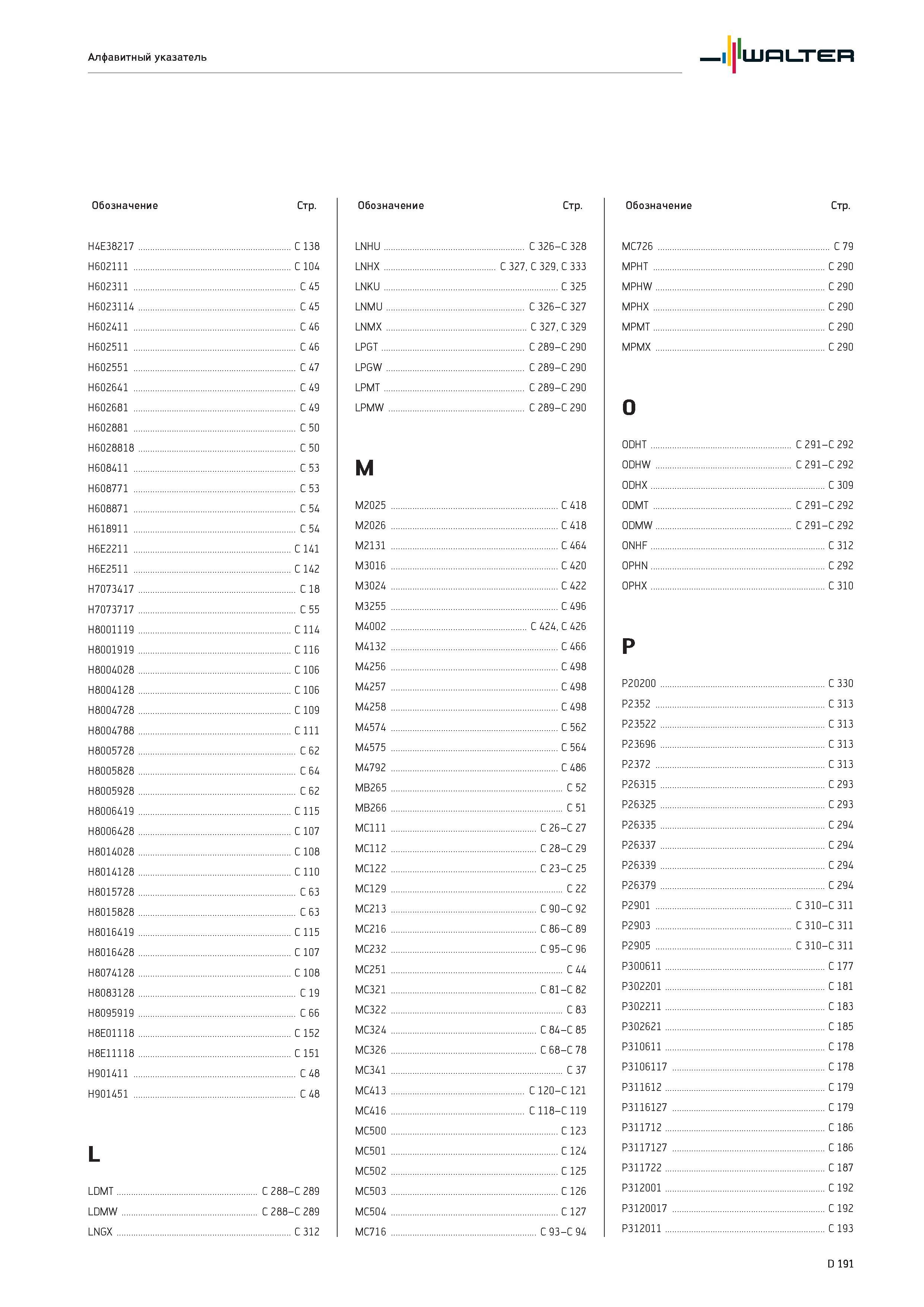 2603 Алфавитный указатель Walter Обозначение Стр H4E38217 C138 H602111 C104 H602311 C 45 H6023114 C 45 H602411 C 46 H602511 C 46 H602551 C 47 H602641 C 49 H60 Каталог WALTER 2017 Инструмент металлорежущий и вспомогательный для металлообрабатывающих станков Сменные пластины Резцы Державки Расточные оправки Сверла Фрезы Патроны Стр. D191