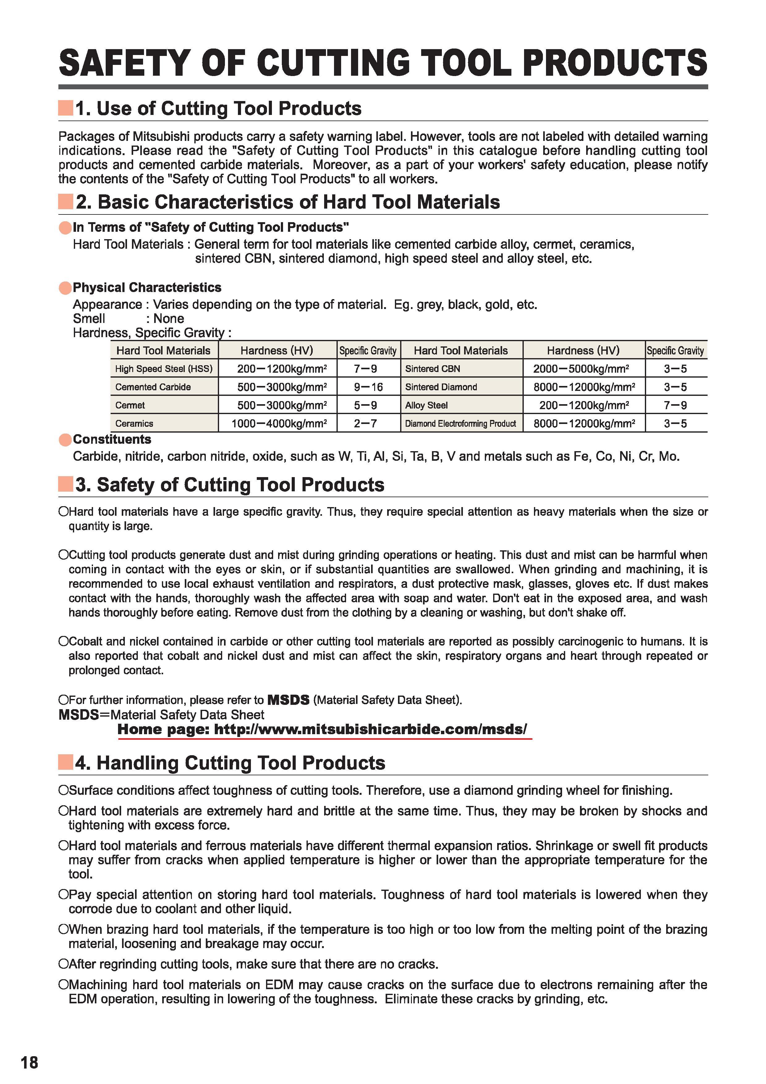 40 Safety of Cutting Tool Products Hard tool materials have a large specific gravity Thus they require special attention as heavy materials when the s Каталог MITSUBISHI 2015 Токарный и вращающийся инструмент Инструментальные решения для металлорежущего промышленного оборудования Стр. 18