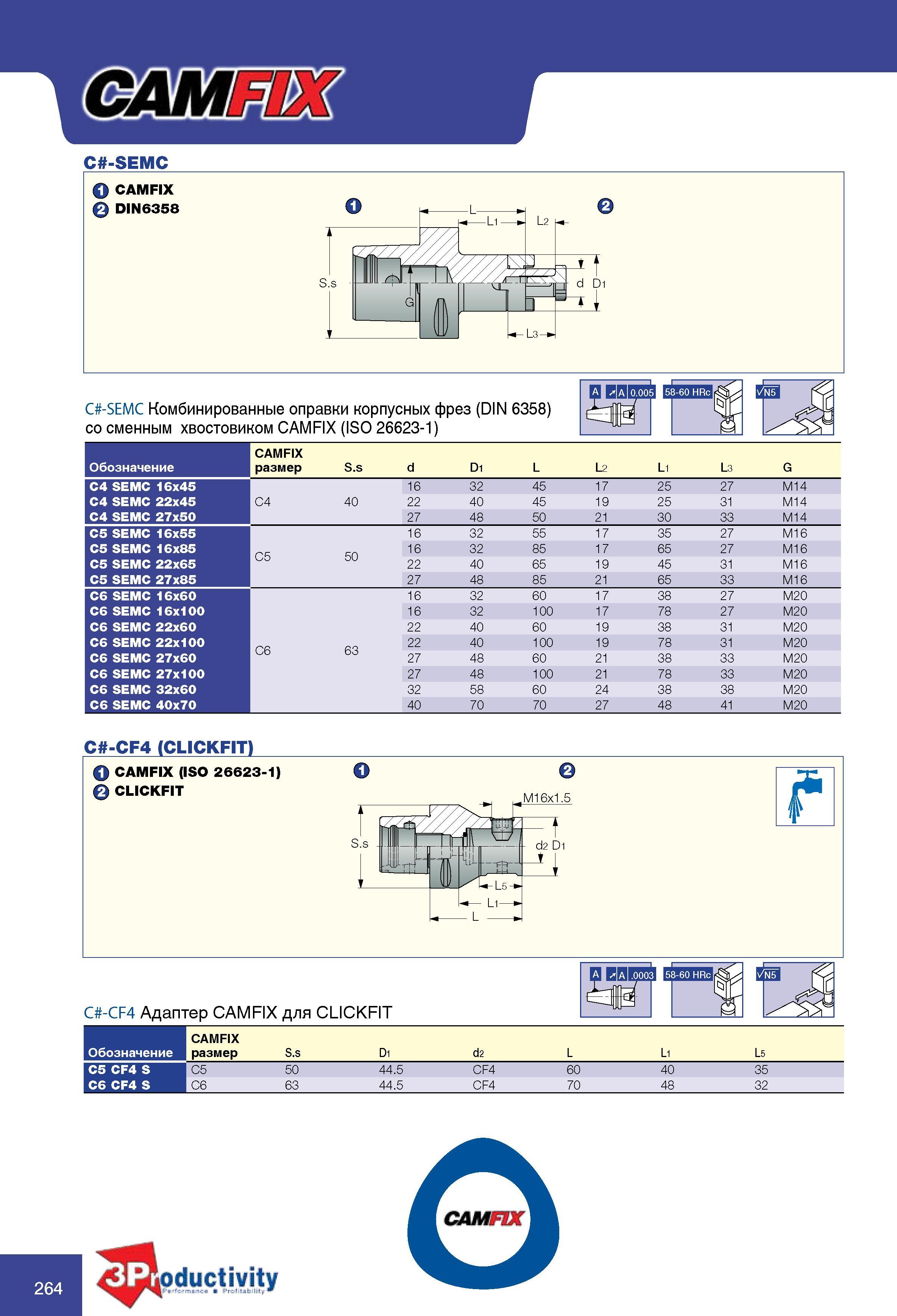 264 Комбинированные оправки Iscar C -SEMC корпусных фрез (DIN 6358) со сменным хвостовиком CAMFIX (ISO 26623-1) Обозначение Изображение и основные технические характер Каталог ISCAR 2010 Новый металлорежущий инструмент для точения фрезерования сверления Инструментальная станочная оснастка для металлообрабатывающих станков и комплексов с ЧПУ Стр. 264