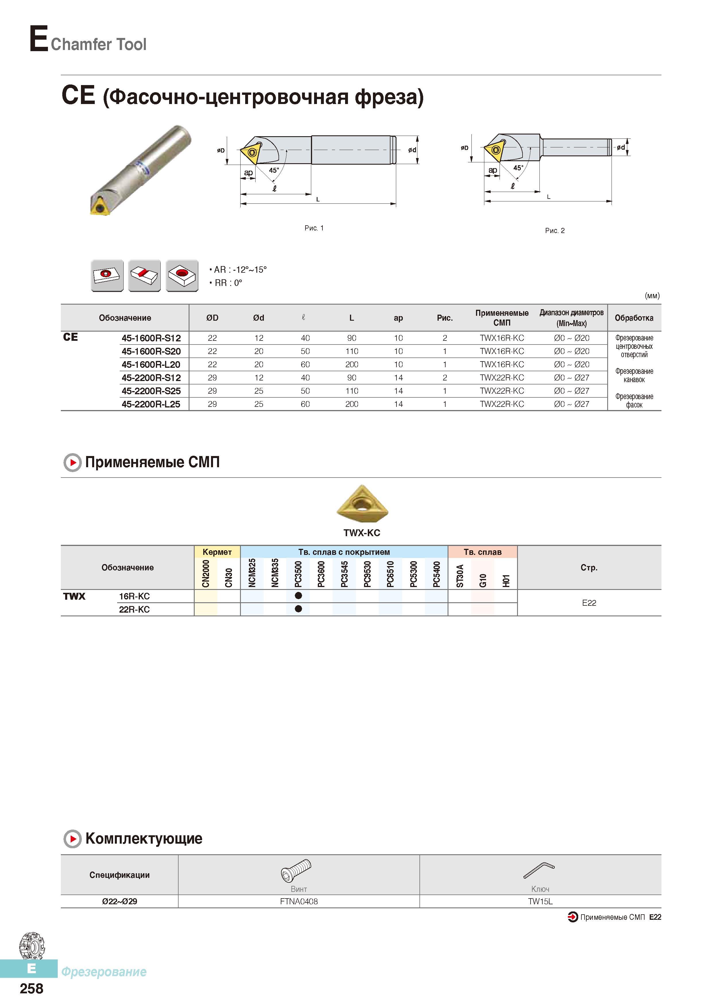 645 Фрезерный инструмент Korloy Chamfer Tool СЕ (Фасочно-центровочная фреза) Каталог KORLOY 2016 Металлорежущий инструмент и инструментальная оснастка для токарных фрезерных резьбонарезных сверлильных расточных технологических операций на станках Стр. E258