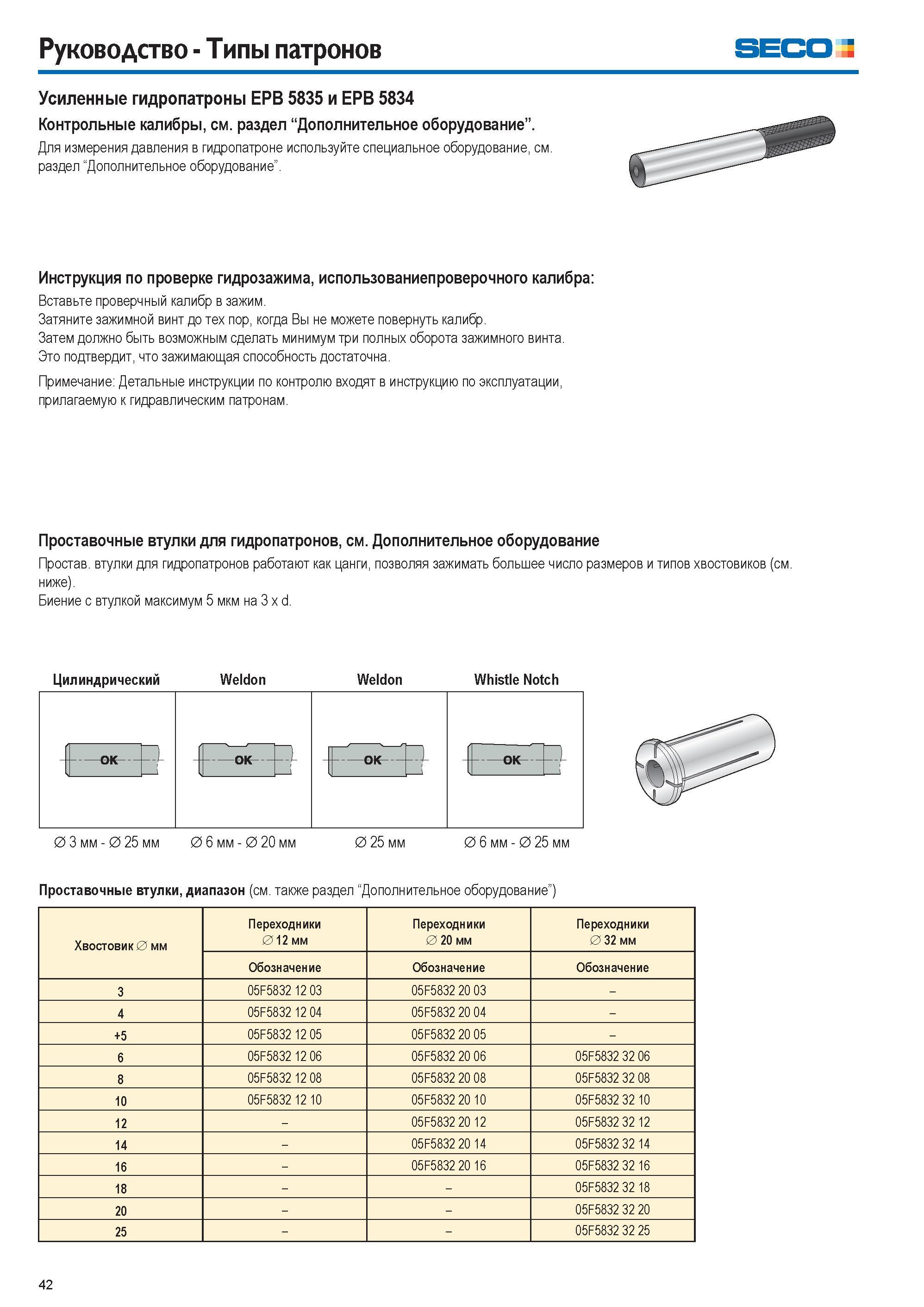42 Руководство Типы патронов Seco Усиленные гидропатроны EPB 5835 и EPB 5834 Контрольные калибры, см раздел “Дополнительное оборудование” Для измере Каталог SECO 2015 Вспомогательный инструмент для металлообрабатывающих станков Инструментальная оснастка Патроны Оправки Базовые держатели Адаптеры Стр. 42
