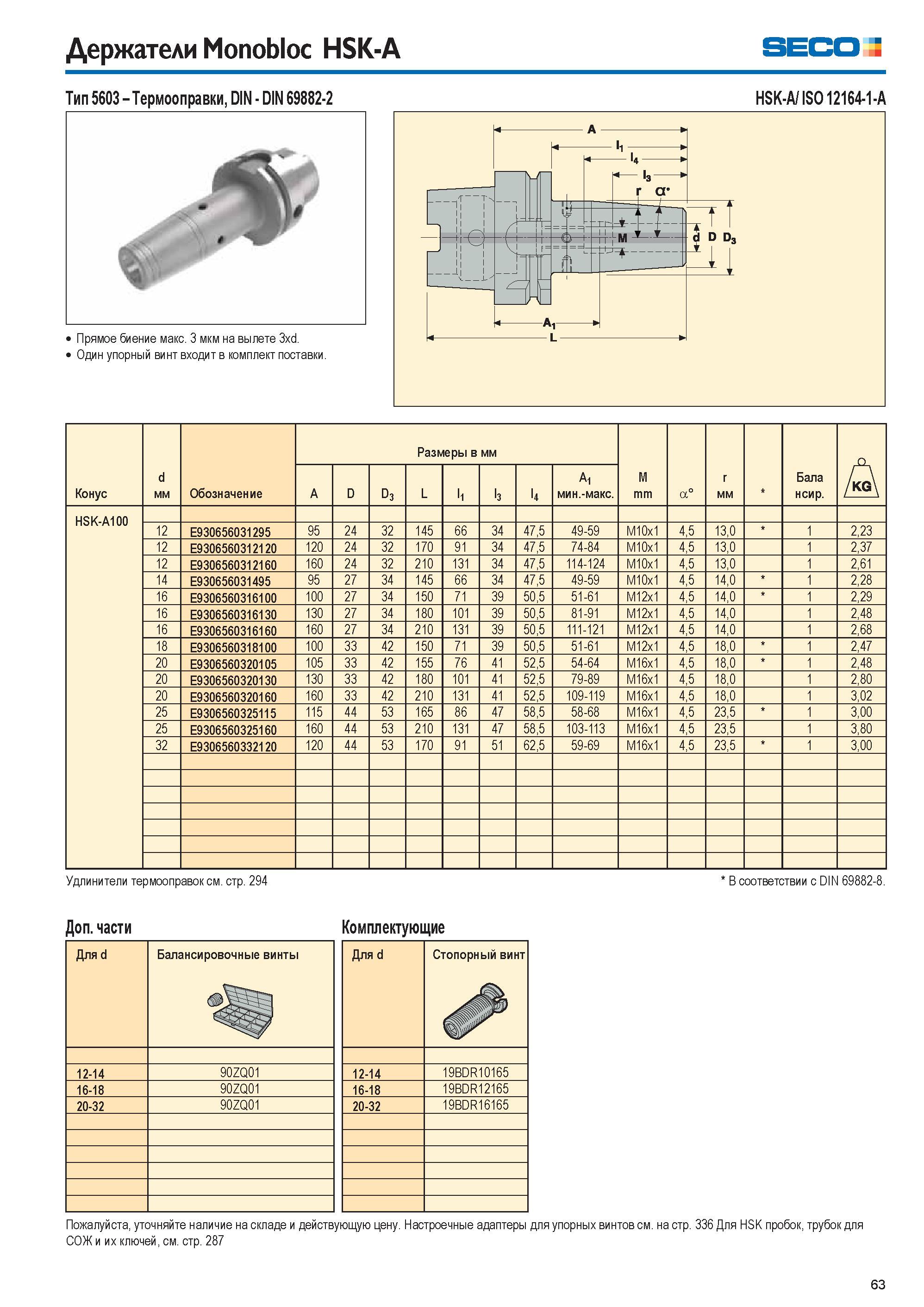 63 Держатели Monobloc HSK-A Seco Тип 5603 Термооправки, DIN DIN 69882-2 HSK-A/ ISO 12164-1-A Прямое биение макс 3 мкм на вылете 3xd Один упорный вин Каталог SECO 2015 Вспомогательный инструмент для металлообрабатывающих станков Инструментальная оснастка Патроны Оправки Базовые держатели Адаптеры Стр. 63