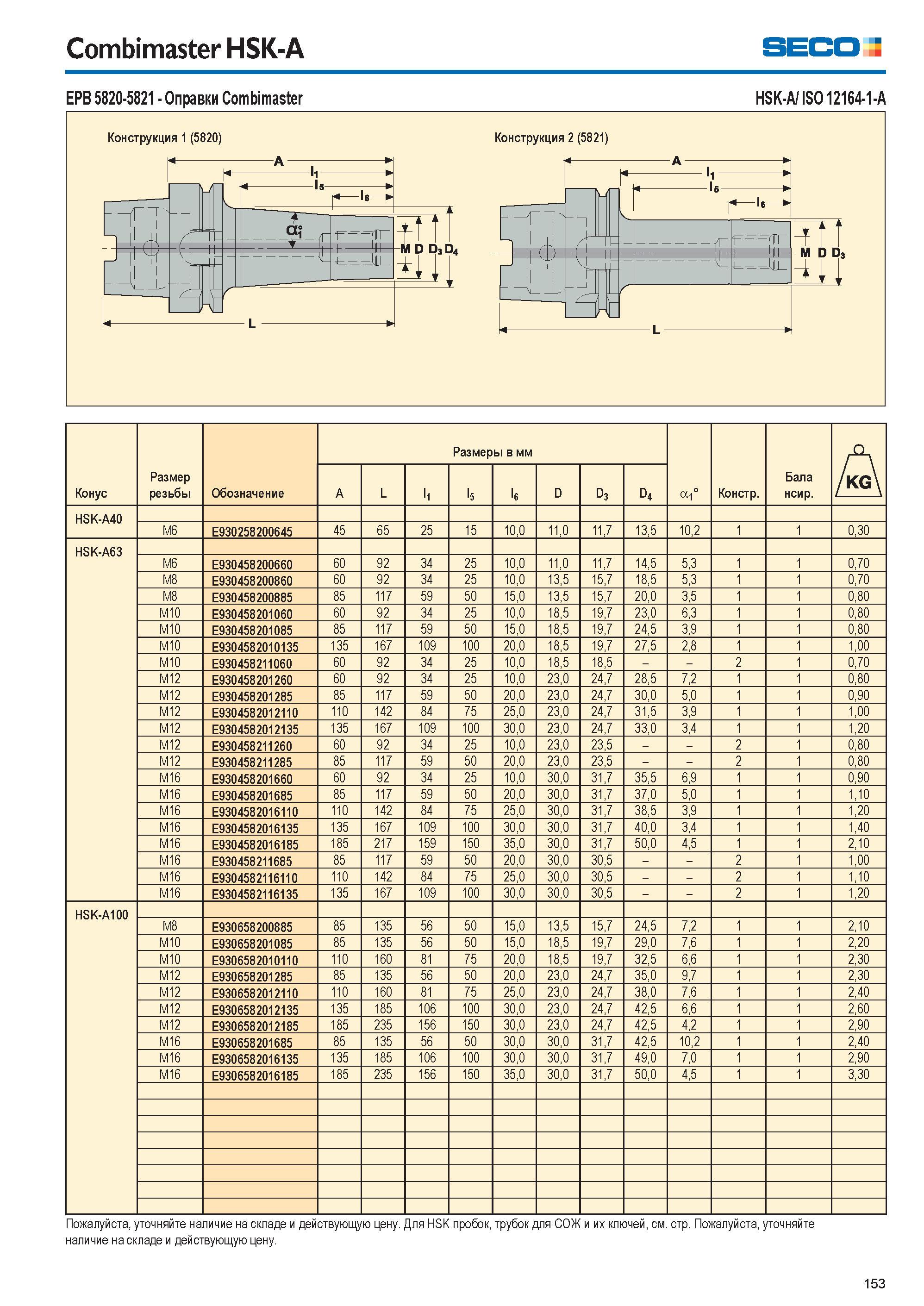 153 Combimaster HSK-A Seco EPB 5820-5821 Оправки Combimaster HSK-A/ ISO 12164-1-A Конус Размер резьбы Обозначение Размеры в мм a-1° Констр Бала нсир Каталог SECO 2015 Вспомогательный инструмент для металлообрабатывающих станков Инструментальная оснастка Патроны Оправки Базовые держатели Адаптеры Стр. 153