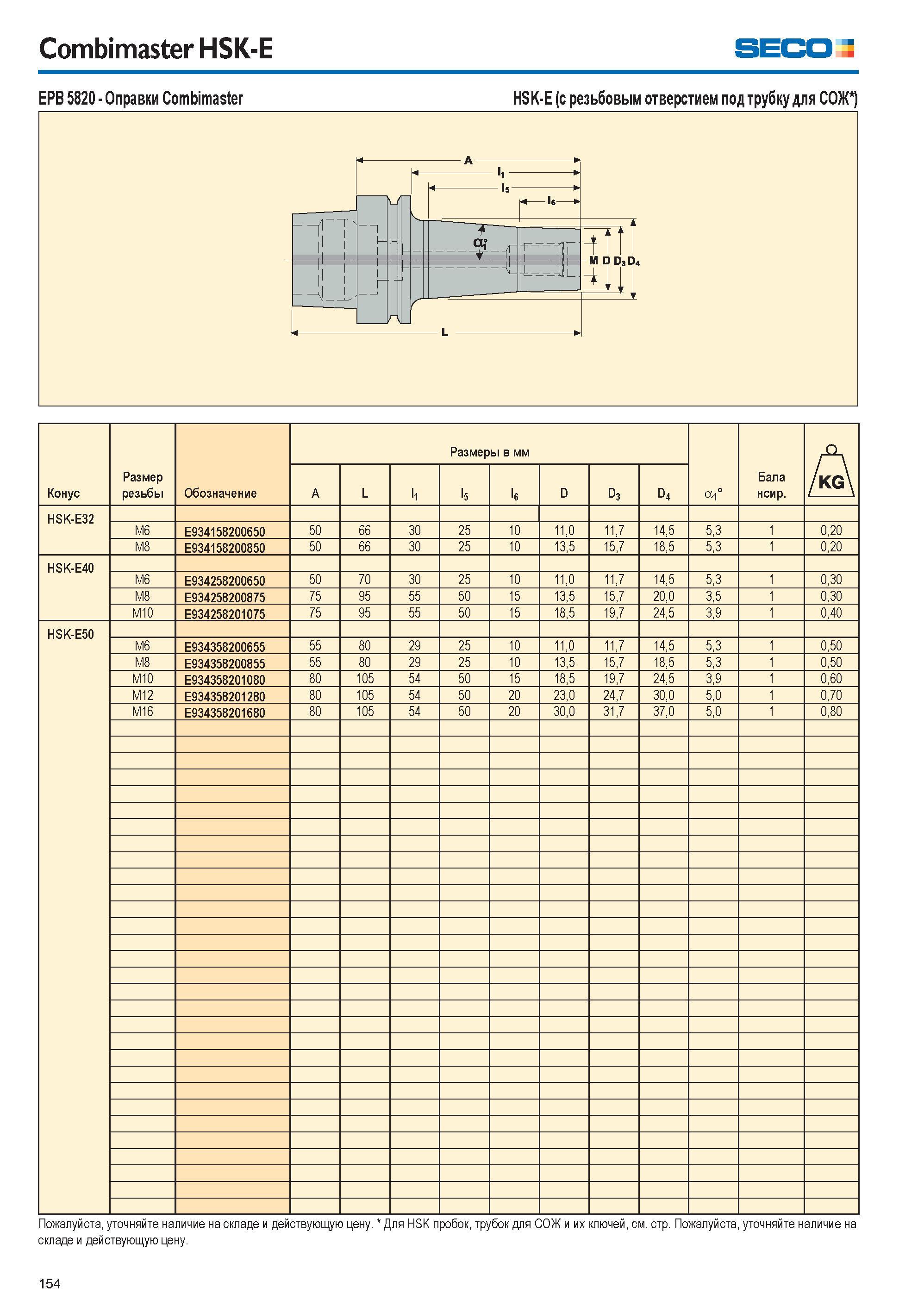 154 Combimaster HSK-E SECO Конус Размер резьбы Обозначение Размеры в мм tt ° Бала нсир A A L l1 l5 l6 D D3 D4 HSK-E32 М6 E934158200650 50 66 30 25 10 Каталог SECO 2015 Вспомогательный инструмент для металлообрабатывающих станков Инструментальная оснастка Патроны Оправки Базовые держатели Адаптеры Стр. 154