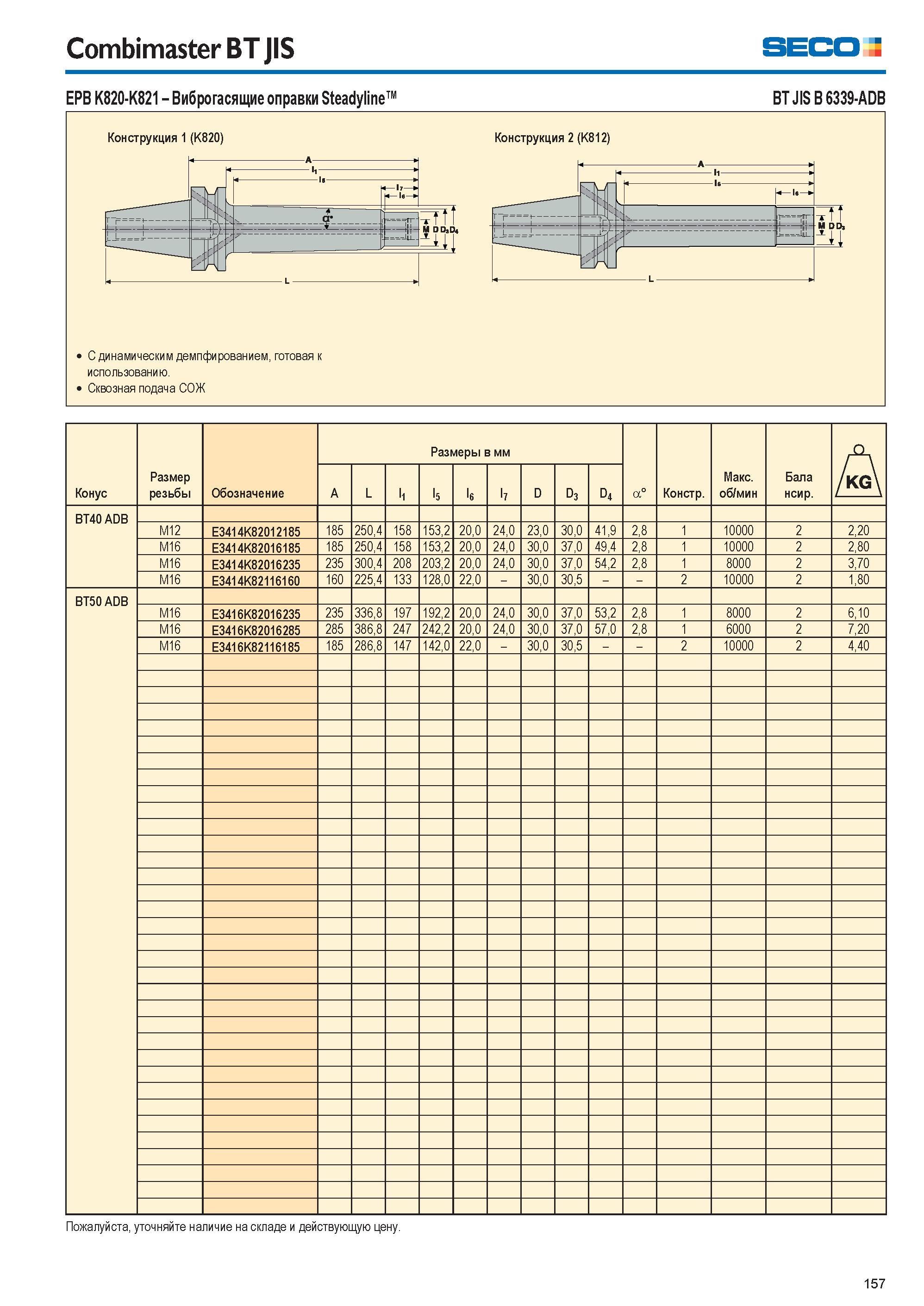 157 Combimaster BT JIS SECO EPB K820-K821 Виброгасящие оправки Steadyline BT JIS B 6339-ADB Конус Размер резьбы Обозначение Размеры в мм a” Констр Ма Каталог SECO 2015 Вспомогательный инструмент для металлообрабатывающих станков Инструментальная оснастка Патроны Оправки Базовые держатели Адаптеры Стр. 157