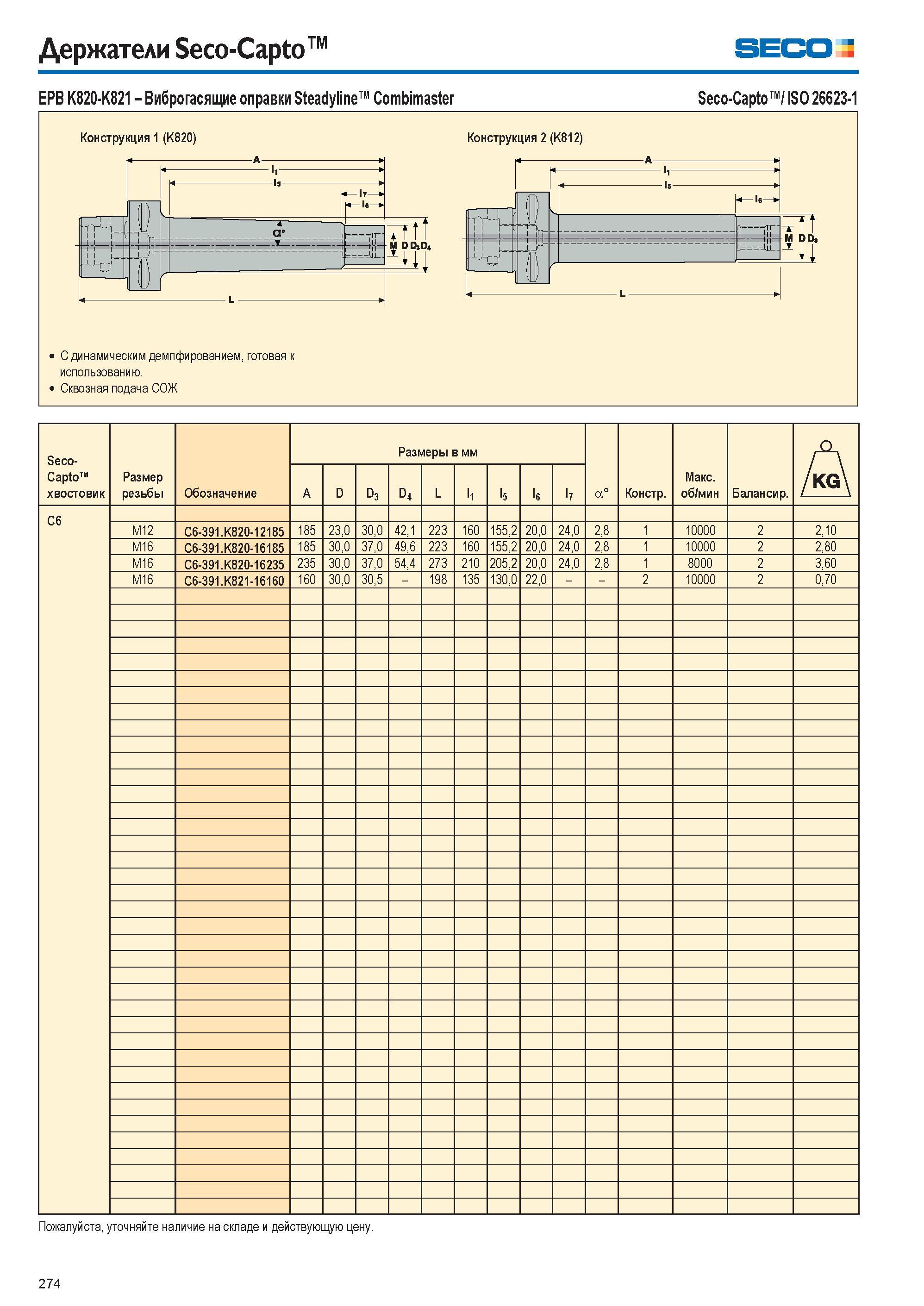 274 Держатели Seco-Capto Seco EPB K820-K821 Виброгасящие оправки Steadyline Combimaster Seco-Capto / ISO 26623-1 274 Каталог SECO 2015 Вспомогательный инструмент для металлообрабатывающих станков Инструментальная оснастка Патроны Оправки Базовые держатели Адаптеры Стр. 274