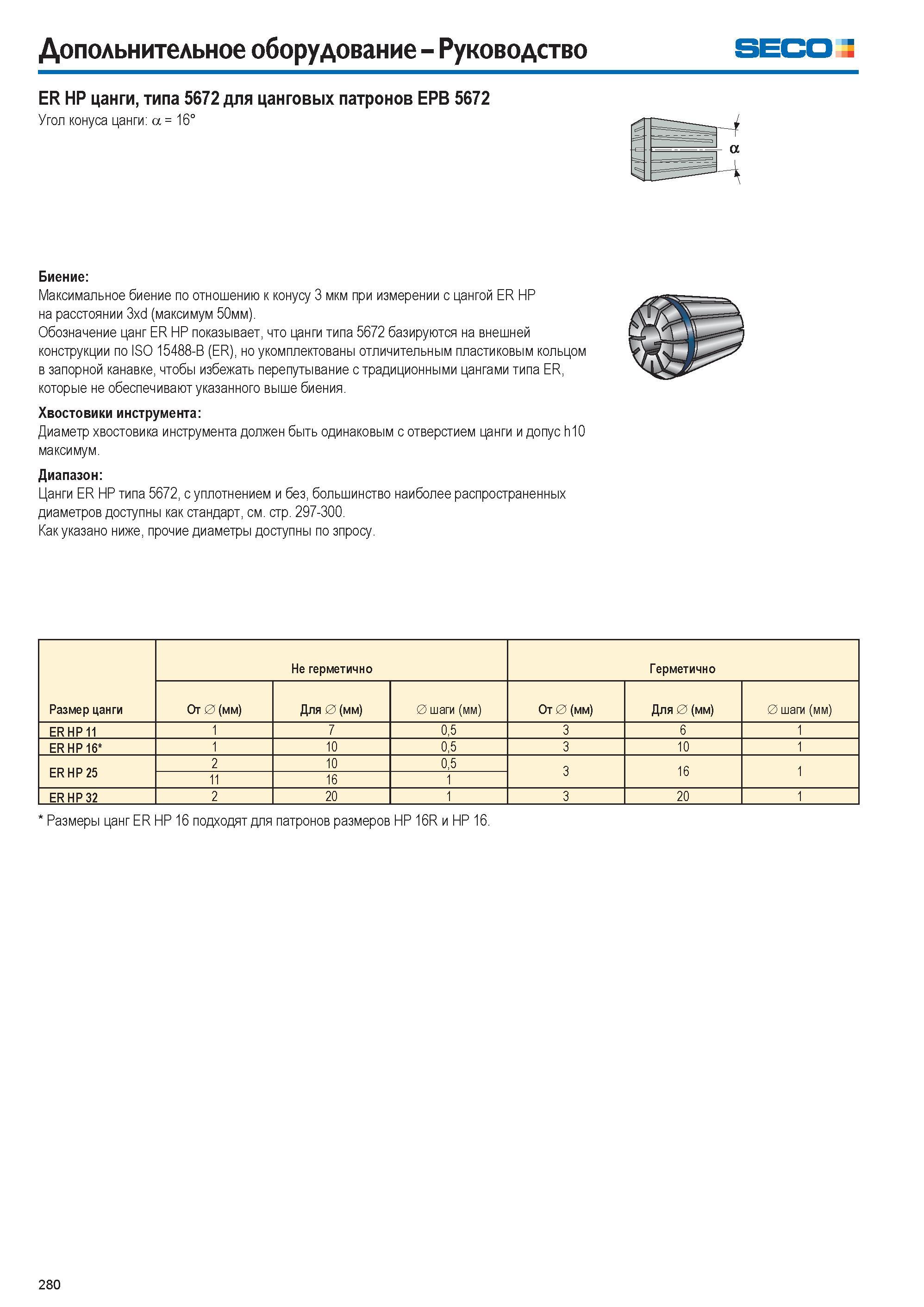 280 Дополнительное оборудование Руководство SECO ER HP цанги, типа 5672 для цанговых патронов EPB 5672 Угол конуса цанги а = 16° Биение Максимальное Каталог SECO 2015 Вспомогательный инструмент для металлообрабатывающих станков Инструментальная оснастка Патроны Оправки Базовые держатели Адаптеры Стр. 280