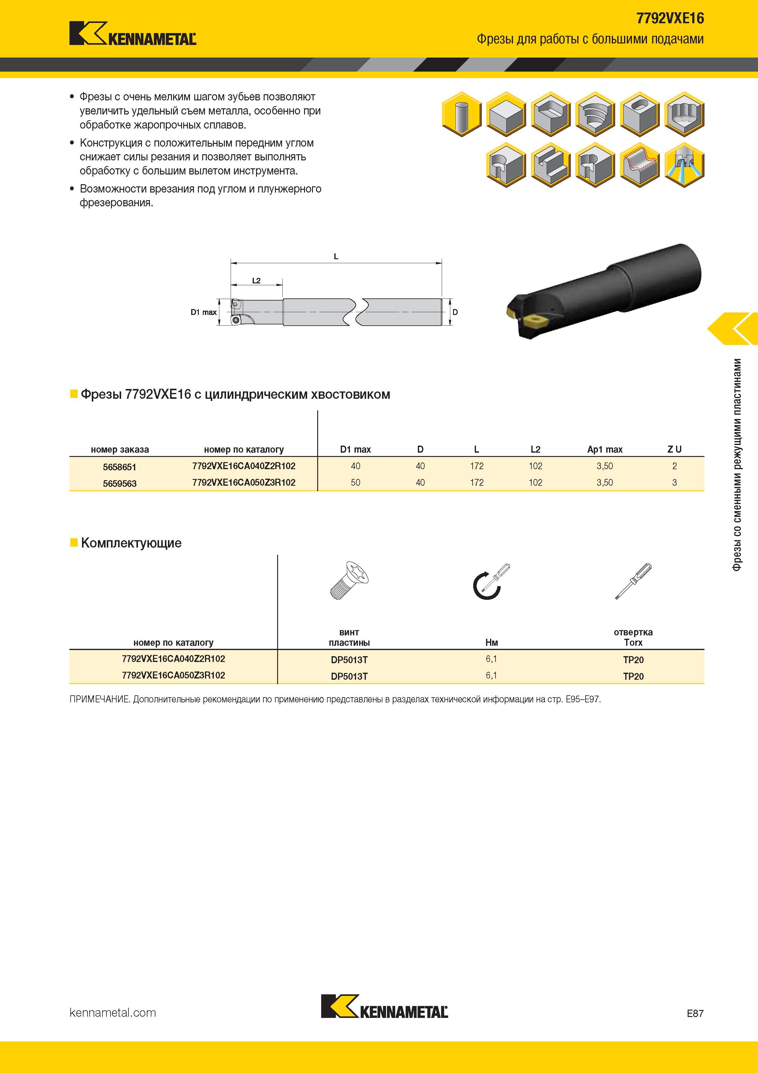 381 Kennametal 7792VXE16 Фрезы для работы с большими подачами Фрезы с очень мелким шагом зубьев позволяют увеличить удельный съем металла, особе Каталог KENNAMETAL 2017 Новый режущий инструмент и инструментальные системы для металлорежущих промышленных станков и комплексов Стр. E87