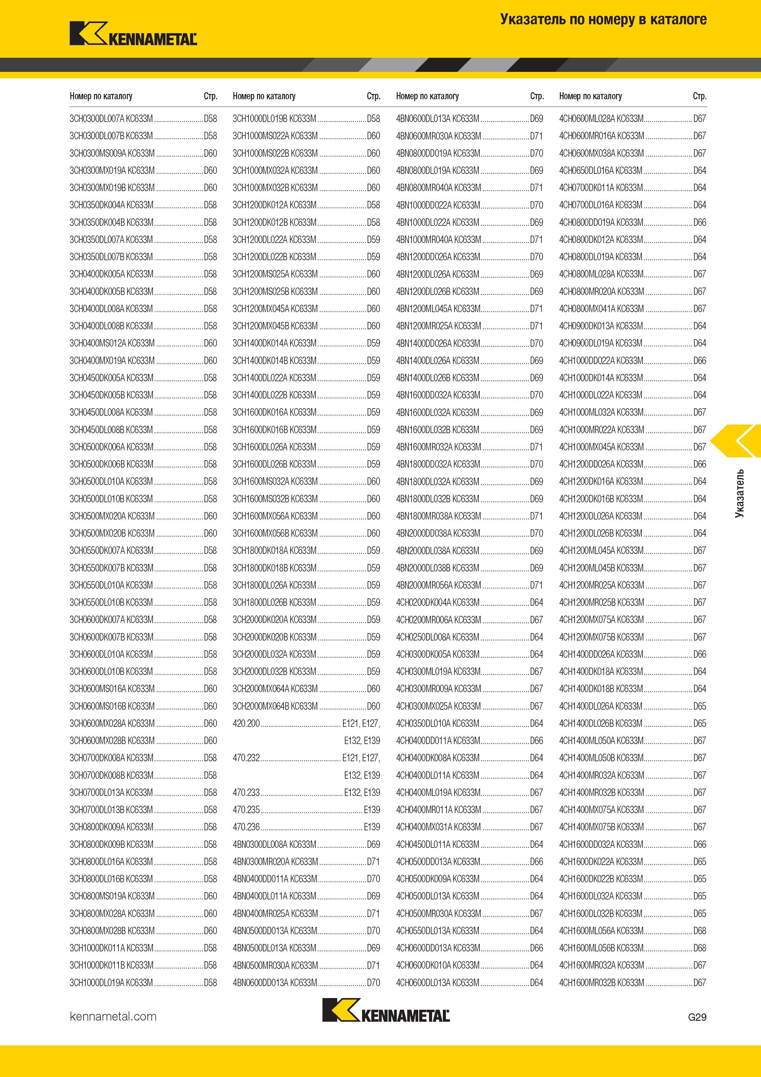 493 Указатель по номеру в каталоге KENNAMETAL Номер по каталогу Стр 3CH0300DL007A KC633M D58 3CH0300DL007B KC633M D58 3CH0300MS009A KC633M D60 3 Каталог KENNAMETAL 2017 Новый режущий инструмент и инструментальные системы для металлорежущих промышленных станков и комплексов Стр. G29