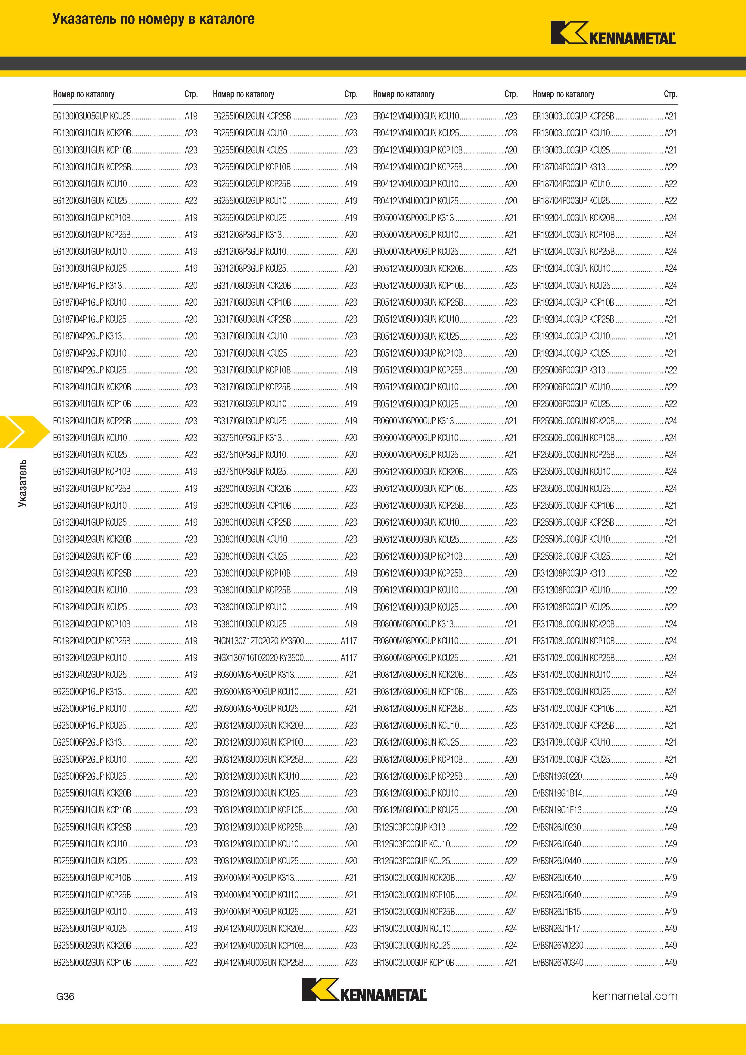 500 Указатель по номеру в каталоге Kennametal Номер по каталогу Стр Номер по каталогу Стр Номер по каталогу Стр Номер по каталогу Стр EG130I03U0 Каталог KENNAMETAL 2017 Новый режущий инструмент и инструментальные системы для металлорежущих промышленных станков и комплексов Стр. G36
