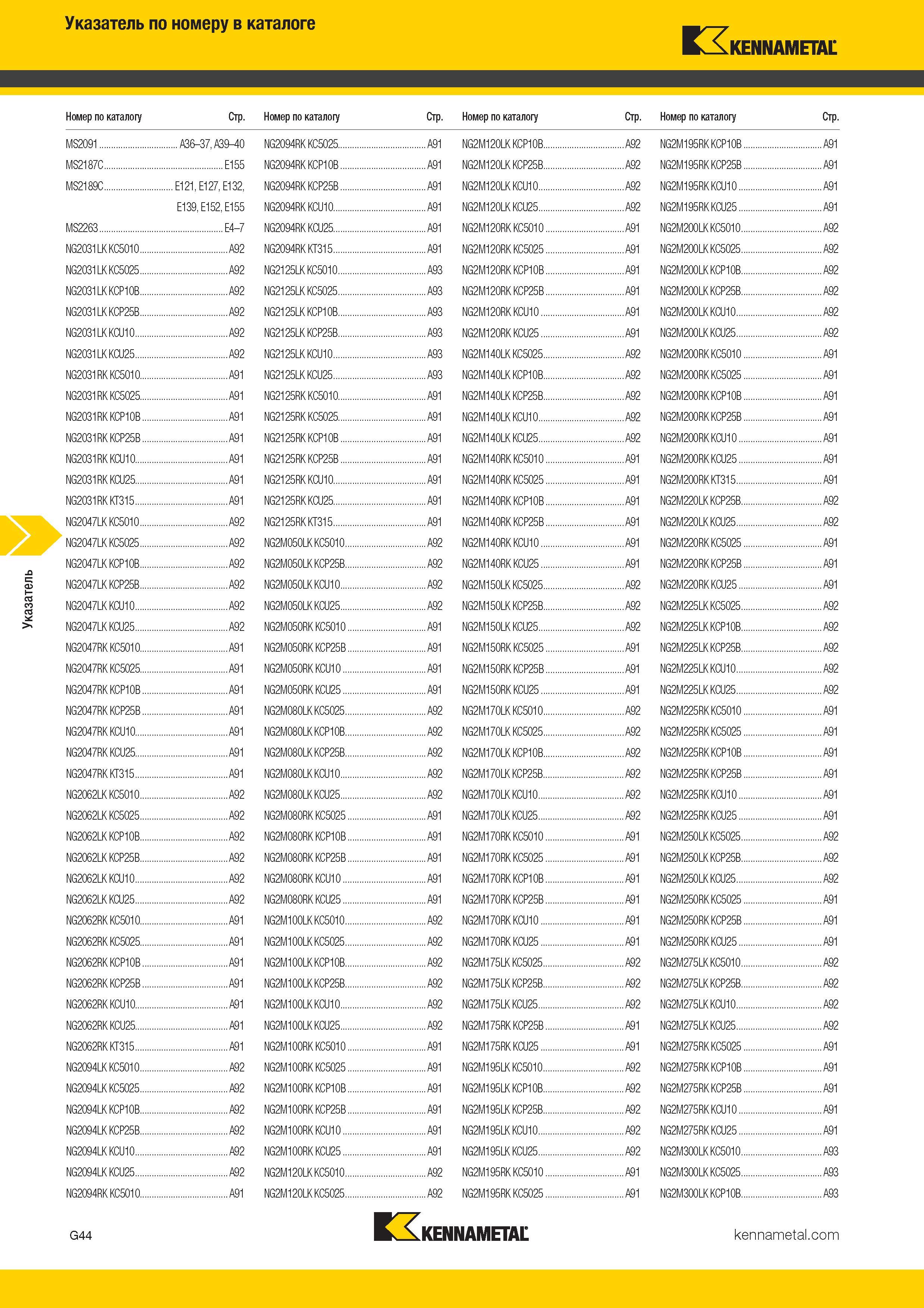 508 Указатель по номеру в каталоге Kennametal Номер по каталогу Стр Номер по каталогу Стр Номер по каталогу Стр Номер по каталогу Стр MS2091 A36 Каталог KENNAMETAL 2017 Новый режущий инструмент и инструментальные системы для металлорежущих промышленных станков и комплексов Стр. G44