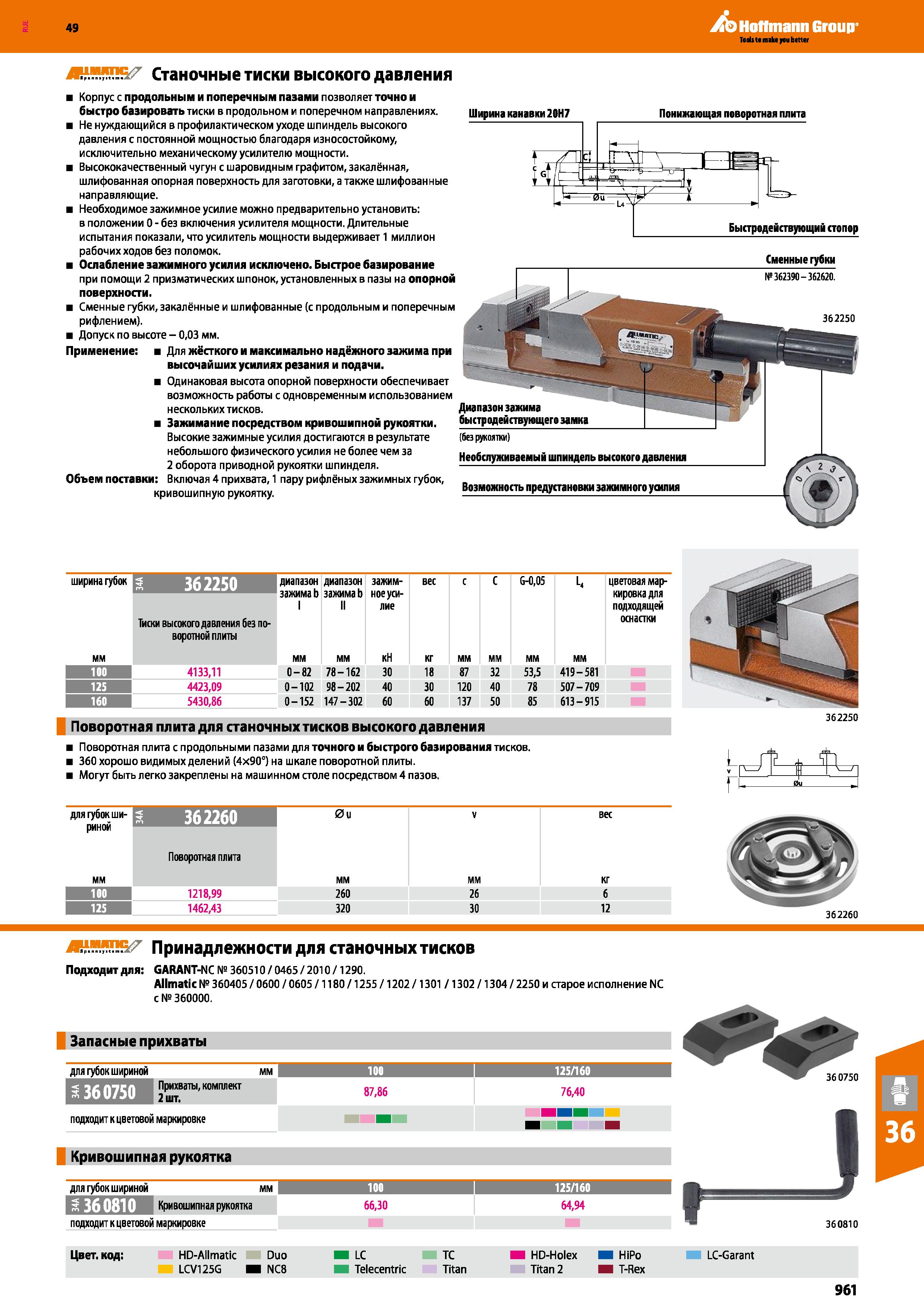 961 Hoffmann Group Станочные тиски высокого давления Корпус с продольным и поперечным пазами позволяет точно и быстро базировать тиски в Каталог HOFFMANN GROUP 2018 Профессиональный режущий и вспомогательный инструмент для промышленного оборудования Сверла Фрезы Метчики Державки Стр. 961