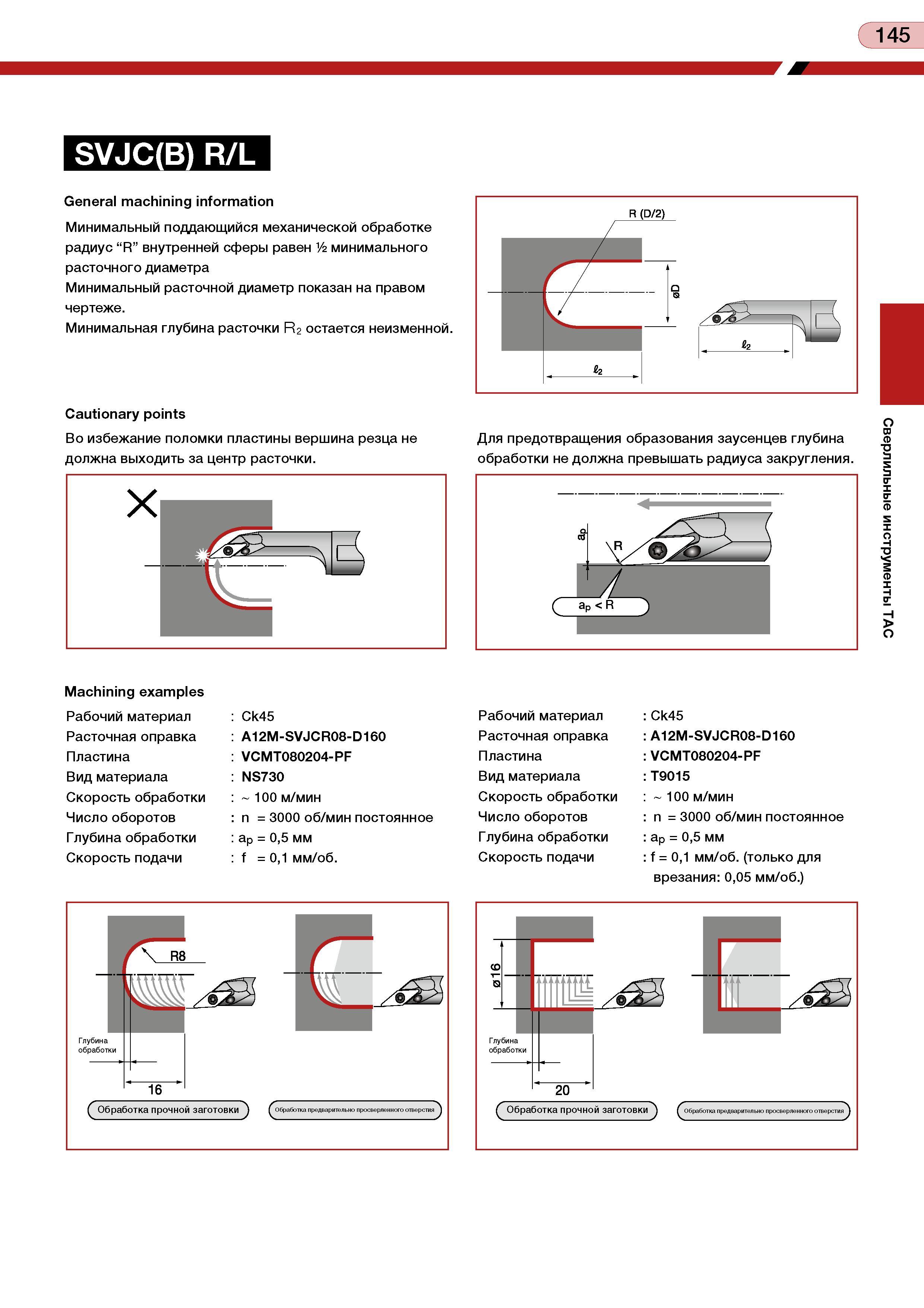 149 145 SVJC(B) R/L General machining information Минимальный поддающийся механической обработке радиус “R” внутренней сферы равен / минимального рас Каталог TUNGALOY 2008 Режущий инструмент для металлорежущих станков Токарные резцы и державки со сменными неперетачиваемыми пластинами Фрезы торцевые и концевые Сверла спиральные Стр. 145